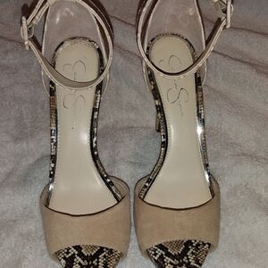 Jessica Simpson Neutral Beige Open-Toe Ankle-Strap Heels with Snakeskin Trim